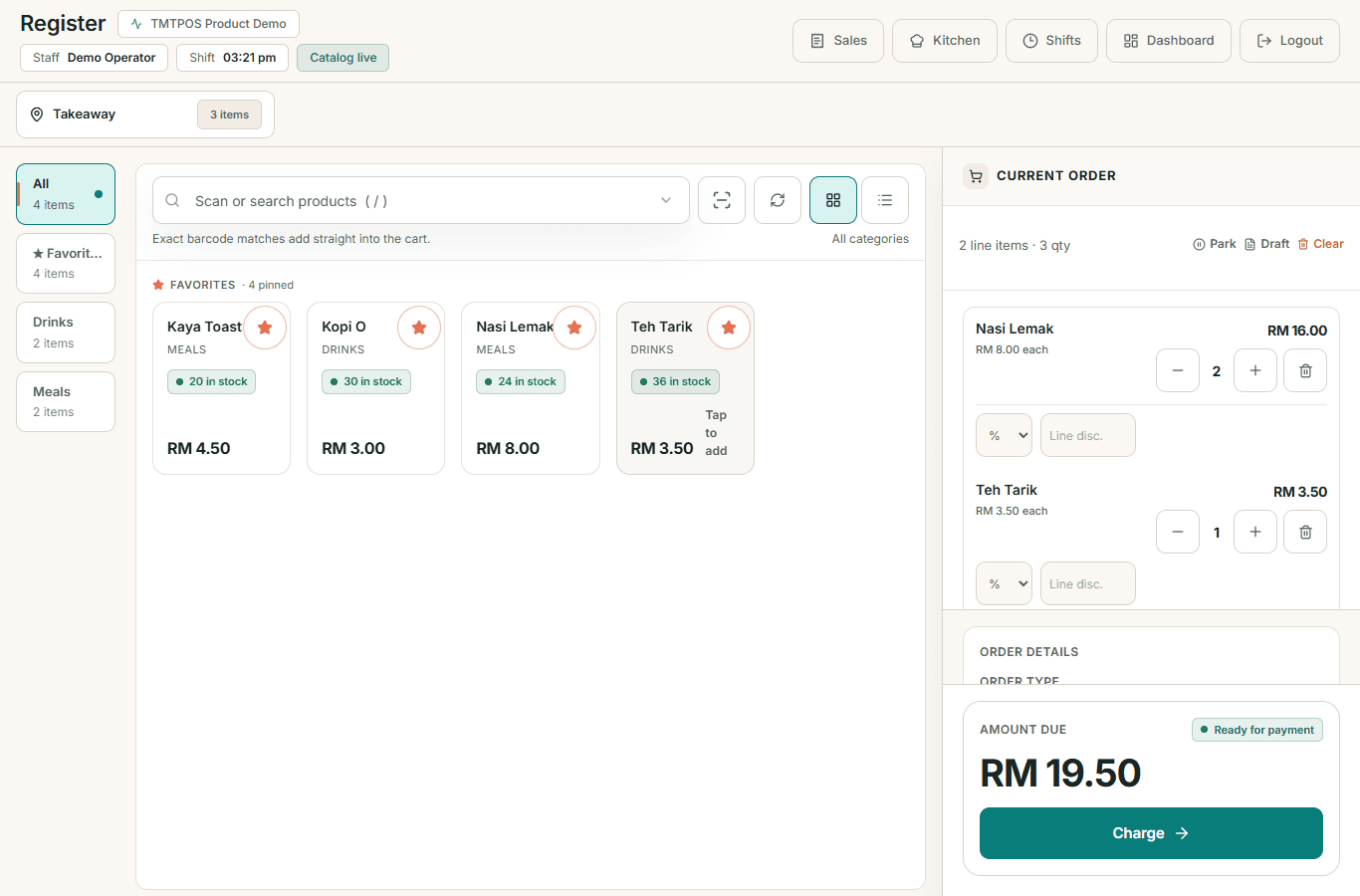 TMTPOS checkout showing two Nasi Lemak, one Teh Tarik, and RM19.50 ready for payment.
